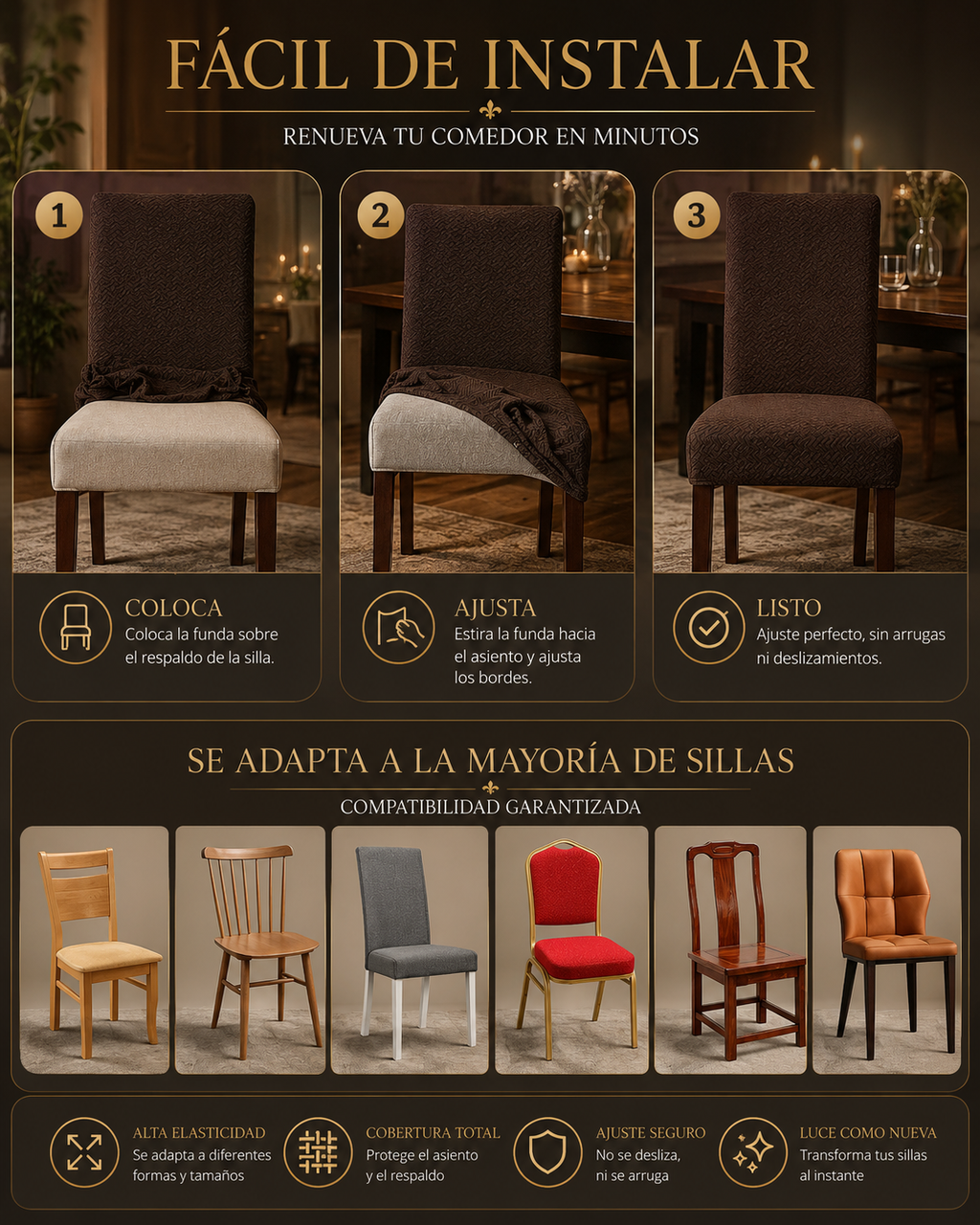 ProtectFit™ Fundas Protectoras para Silla 6 pzas. | Transforma tu Comedor en Minutos