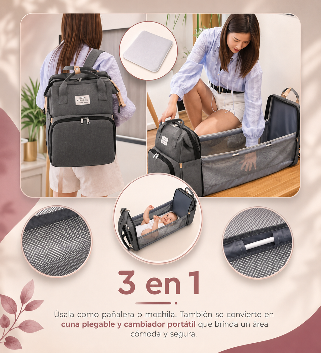Momi™ | Pañalera 3 en 1 – Sal de casa preparada para todo