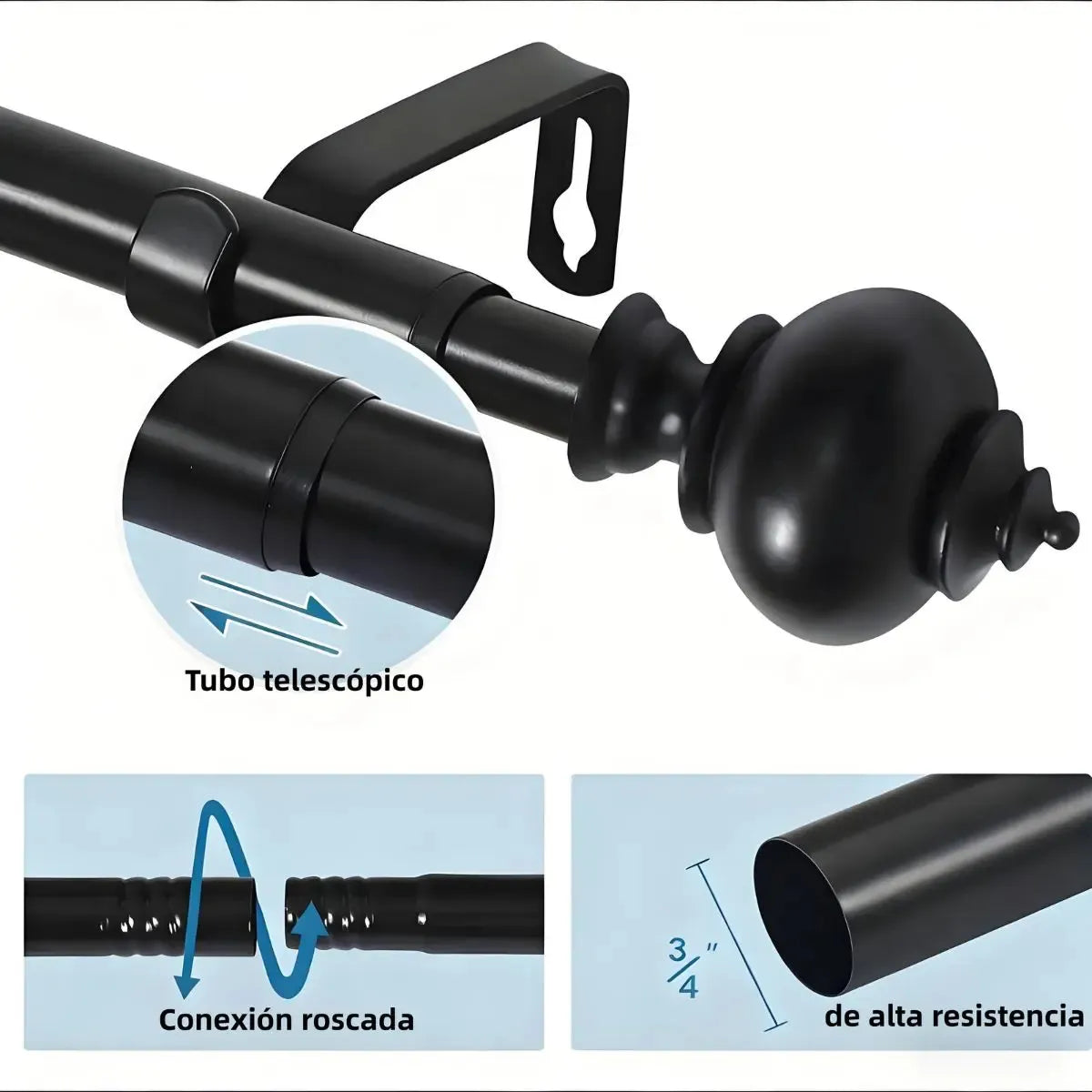 Cortinero extensible de metal negro, de 80 cm a 2.4 m