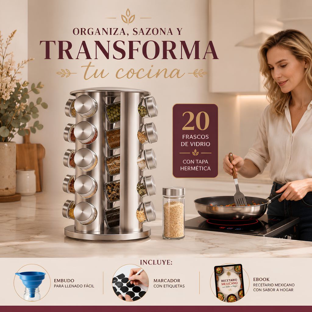 GiroSpice™ Especiero Giratorio + Ebook de Cocina Mexicana | Todas tus especias al alcance